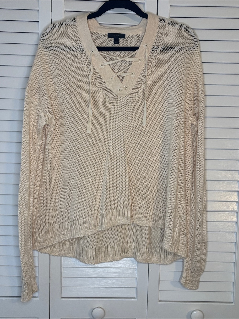 J Crew Linen Lace-Up V-Neck Open Knit Sweater - Cream M